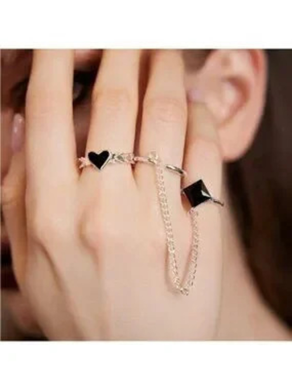 SILVER 2pc Heart Geometric Ring Set